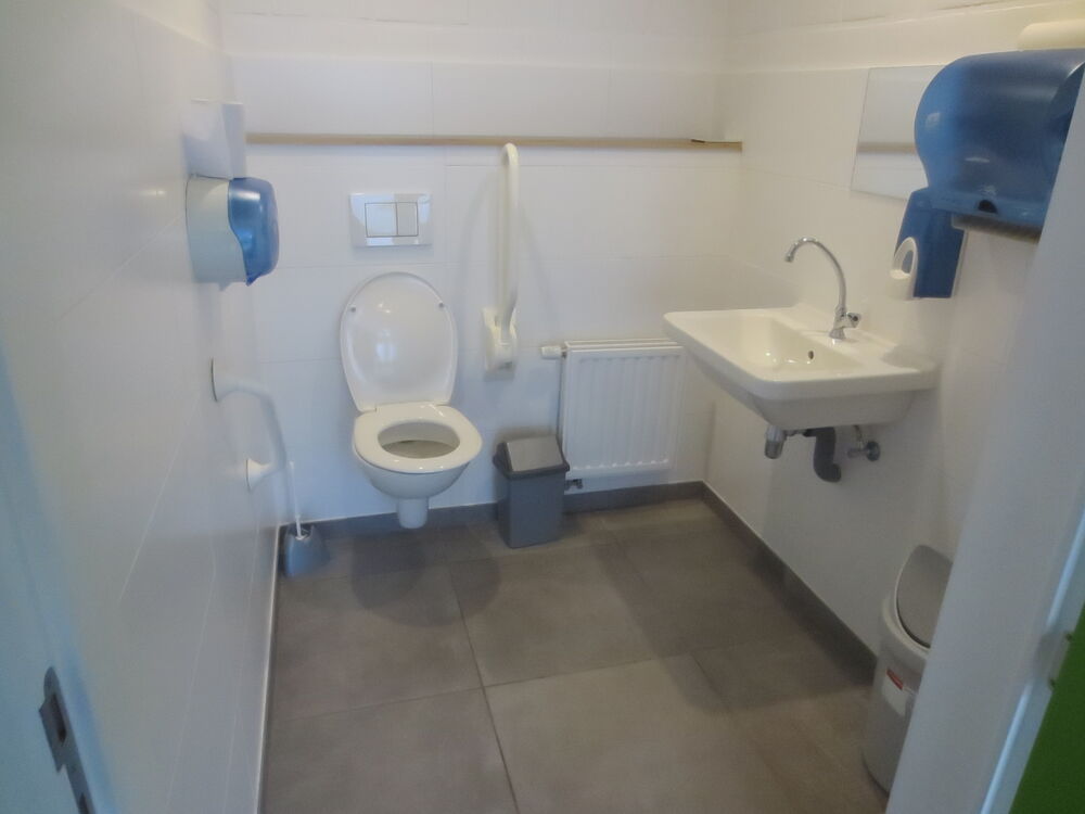 Het aangepaste toilet in zaal Ons Heem: ruim, met beugels aan beide kanten van het toilet en een lage wastafel